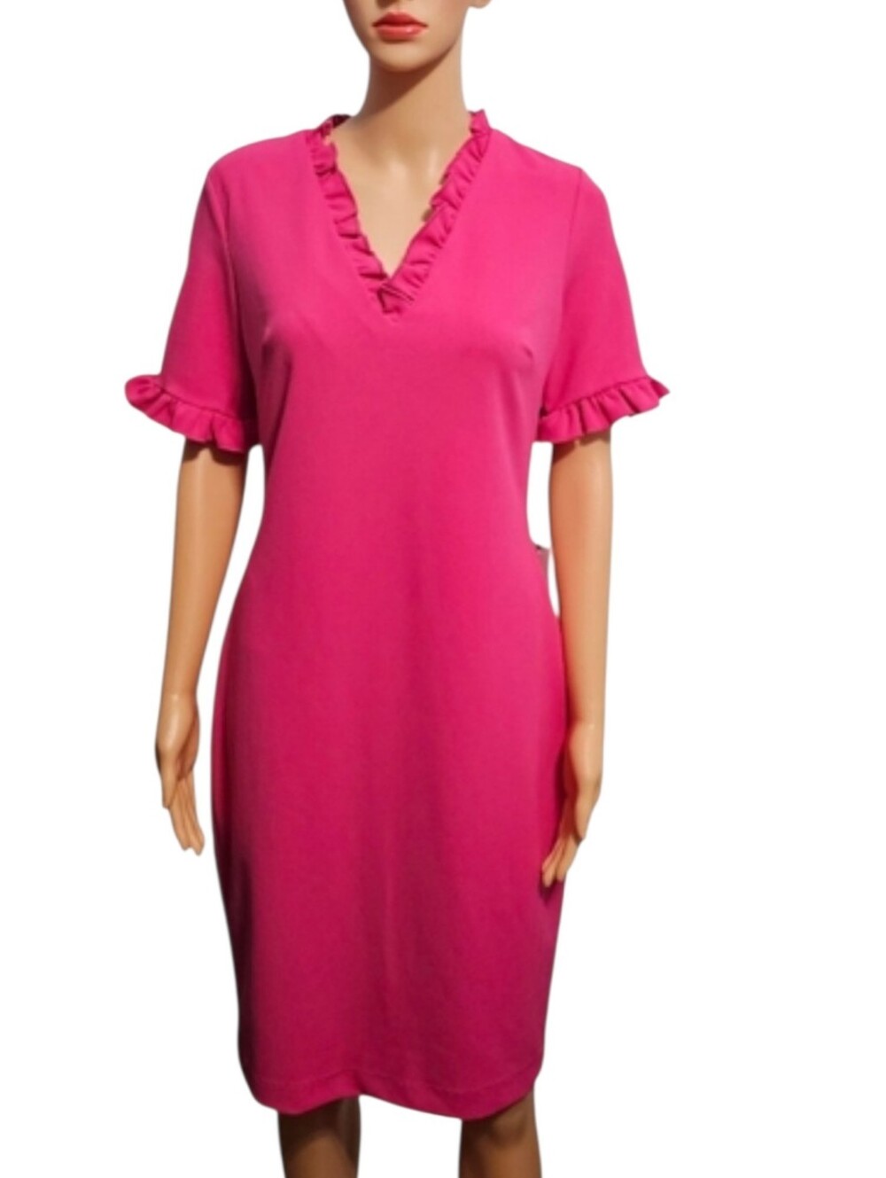 Calvin Klein Ruffle Pink V-Neck Barbiecore Sheath Dress Sz 6